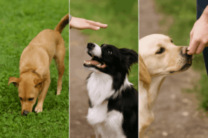 Collage of three dogs: sniffing brown dog, attentive Border Collie, and yellow Labrador taking a treat.
